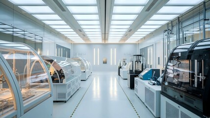 Obraz premium A modern, clean and bright medical laboratory or hospital interior with various medical equipment and machinery lining the walls and floor