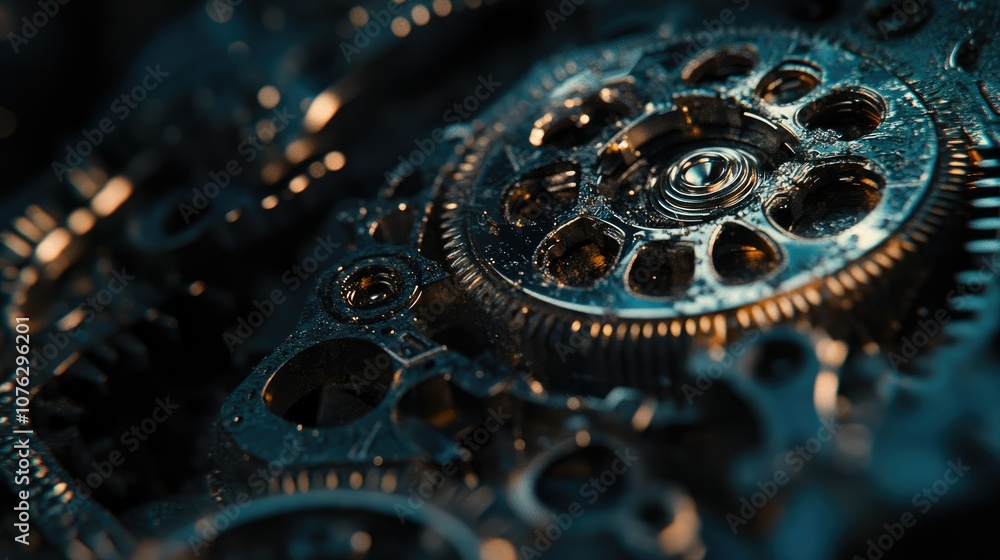 Poster intricate mechanism of a vintage clock with gleaming gears and components, highlighting details of t