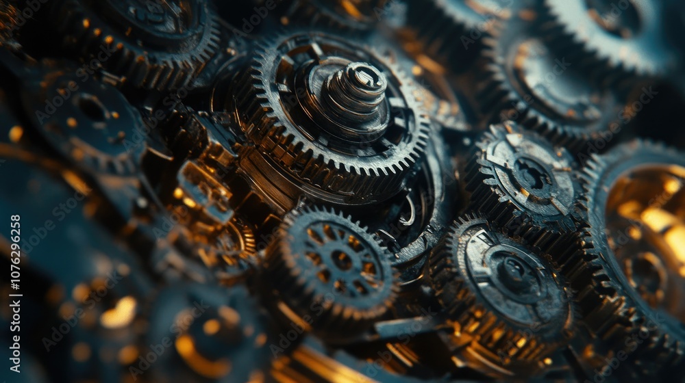 Poster intricate mechanical gears intertwined in a dynamic arrangement showcasing industrial design and eng