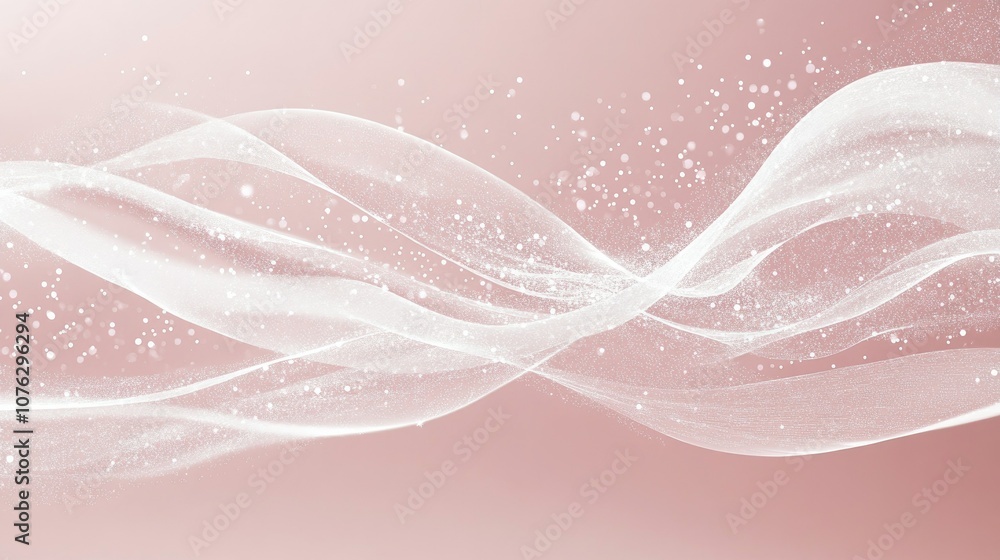 Poster ethereal fabrics and glittering particles flowing through soft blush background, creating a dreamy a