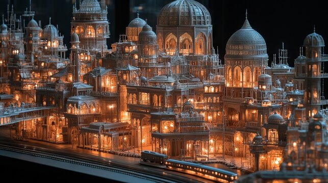 A model of a city with a clock tower. This concept fantasy architecture and building