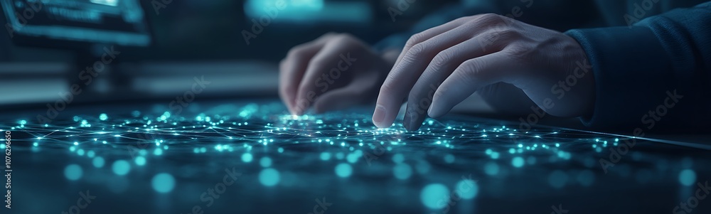 Poster A close-up of hands typing on a futuristic interface with glowing connections, symbolizing advanced technology and digital interaction.