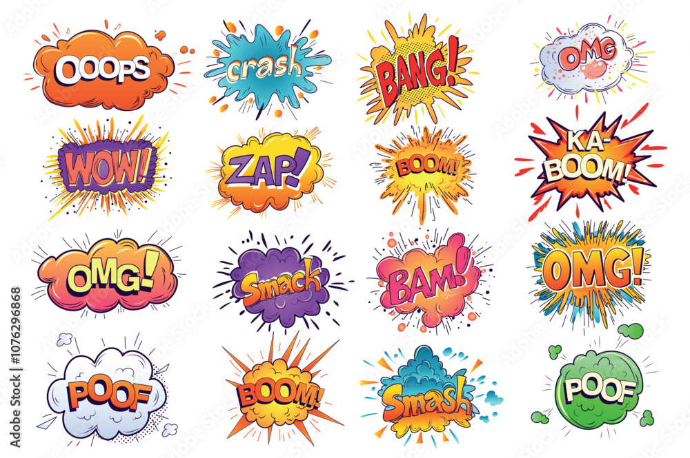 Poster comic speech bubbles set elements in flat graphic design. collection of dialogue frames with oops, c