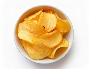 White bowl with potato chips isolated on white background. top view, flat lay 