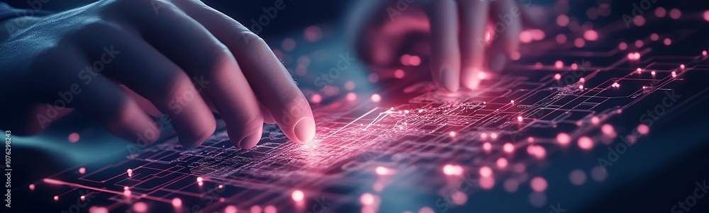 Poster A close-up view of hands typing on a glowing keyboard, with vibrant digital effects creating a futuristic, tech-inspired atmosphere.