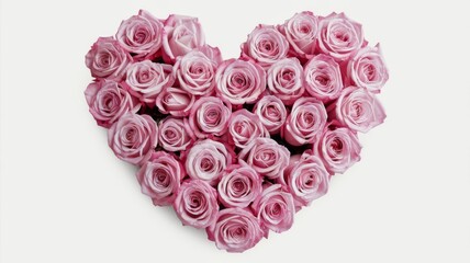 Pink roses arranged in a heart shape, isolated on a white background