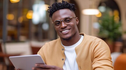 Smiling man with glasses holding a tablet in a cozy cafe setting, AI
