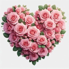 Pink roses arranged in a heart shape, isolated on a white background