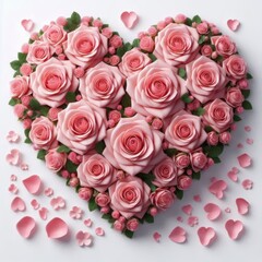 Pink roses arranged in a heart shape, isolated on a white background
