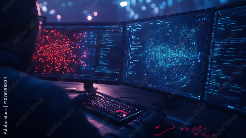 Poster A digital artist works at multi-monitor setup displaying vibrant red and blue data visualizations in a high-tech environment.