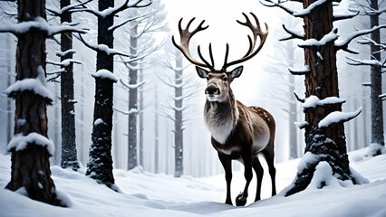Reindeer standing in a snowy, pine-tree-filled forest, with soft snowflakes falling.