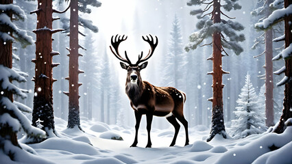 Reindeer standing in a snowy, pine-tree-filled forest, with soft snowflakes falling.
