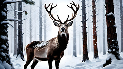 Reindeer standing in a snowy, pine-tree-filled forest, with soft snowflakes falling.