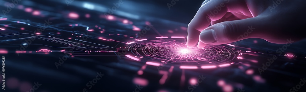 Fototapete A futuristic hand interacts with glowing digital elements, creating a vibrant display of light and technology.