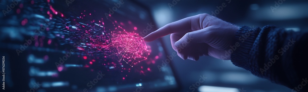Poster A hand reaching towards a vibrant, glowing interface filled with pink and blue particles, suggesting interaction with advanced technology or data visualization.