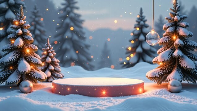 Winter advertising background with snow with a podium for advertising. The round stage is suitable for product presentation. On the edges of the background there is snow and Christmas trees, glass bal