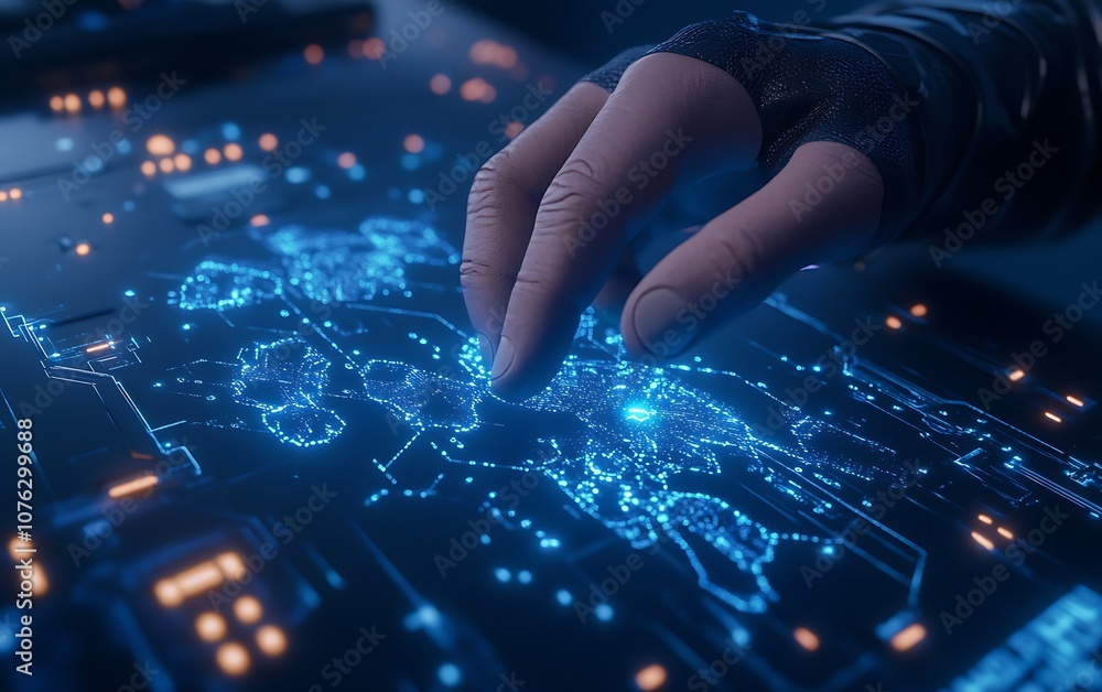 Poster A futuristic hand interacts with a glowing, digital map, showcasing technology and data visualization in an advanced, high-tech environment.