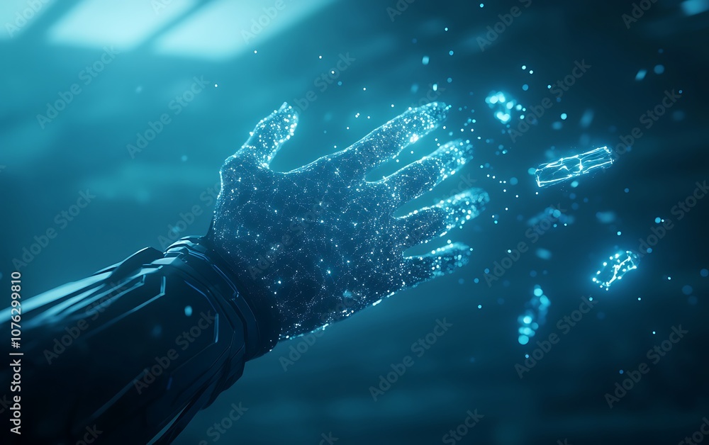 Poster a futuristic hand composed of glowing particles reaches out, representing the convergence of technol