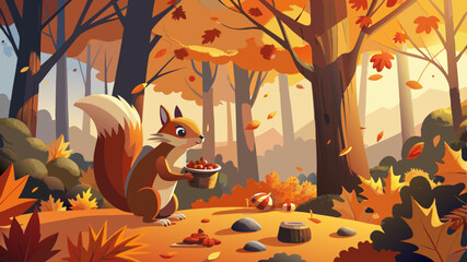 Curious squirrel is gathering food amongst a bed of orange autumn leaves © williamnoah