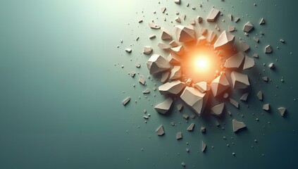 Breakthrough of light emerging from shattered stones, symbolizing breaking the stigma around mental health, dynamic composition, copy space