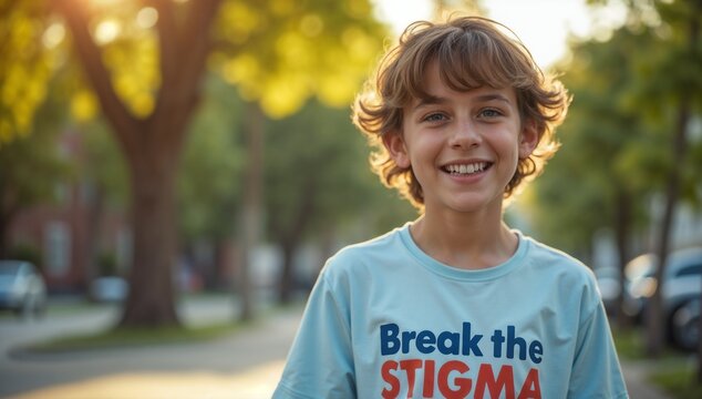Happy young boy smiling in "Break the Stigma" t-shirt on sunny street copy space