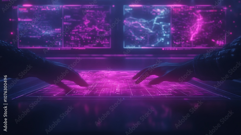 Leinwandbilder a futuristic scene features two hands reaching towards a glowing pink interface with digital display