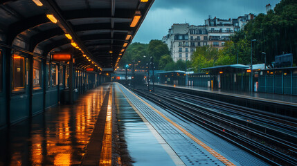 An empty train station on a rainy day.