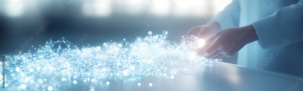Poster A glowing orb of light emerges from hands, surrounded by sparkling particles, representing innovation and technology in a futuristic setting.
