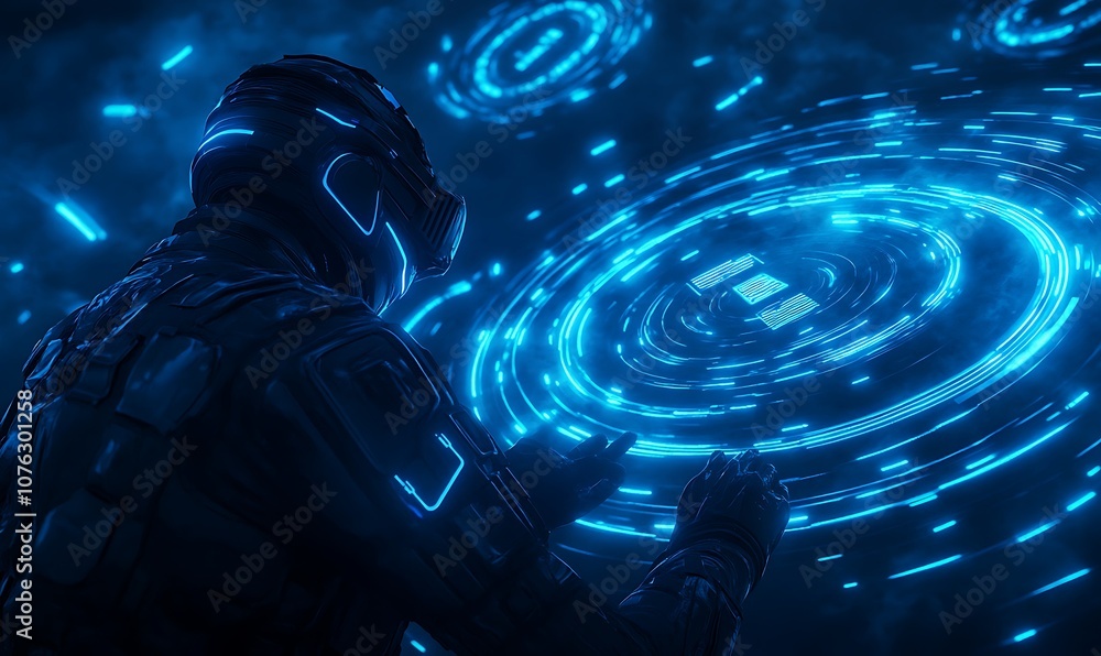 Poster a glowing figure interacts with futuristic, circular holographic visuals in a dark, high-tech enviro