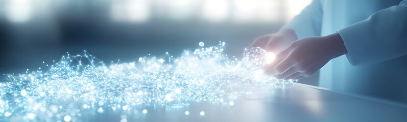 A glowing orb of light emerges from hands, surrounded by sparkling particles, representing innovation and technology in a futuristic setting.