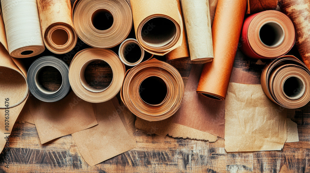 Poster crafting inspiration with an array of colorful paper rolls on a rustic wooden surface in a vibrant s
