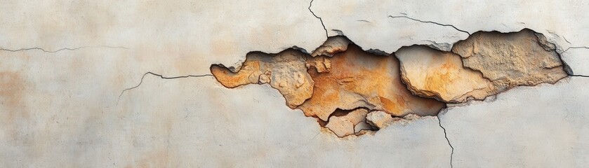 Fototapeta premium Close-up of weathered plaster revealing underlying textures and colors, showcasing the beauty of decay and time's passage.