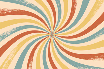 Retro spiral background pattern. Rotating vector sunlight. Psychedelic radial explosion with grunge texture. 70s hypnotic starburst illustration. Abstract classic colored circle background