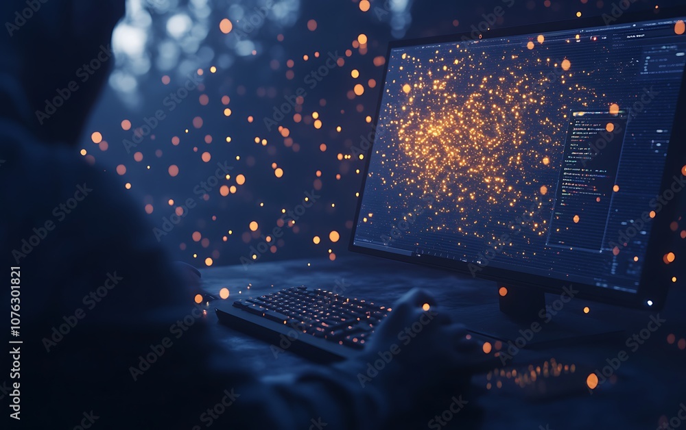 Poster A person interacts with a computer displaying glowing data visualizations in a dark environment, suggesting a tech-focused or analytical theme.
