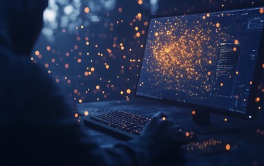 A person interacts with a computer displaying glowing data visualizations in a dark environment, suggesting a tech-focused or analytical theme.