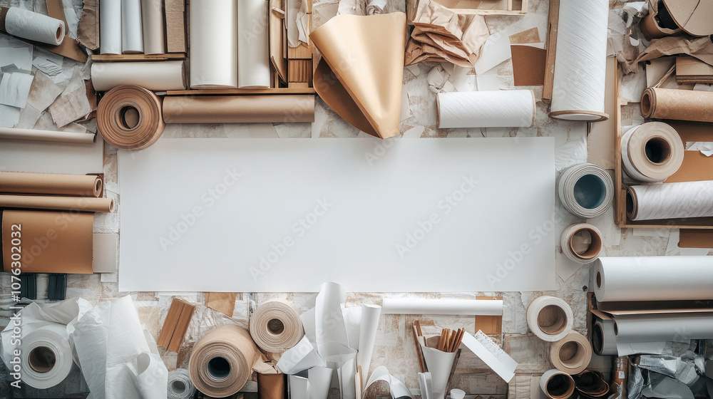 Poster crafting paradise filled with various rolls of wrapping and crafting paper neatly arranged across a 