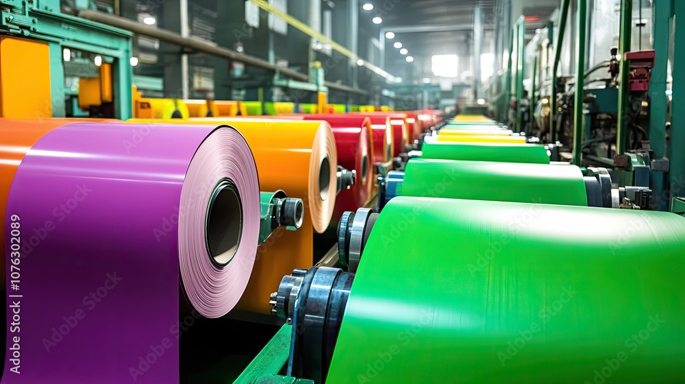 Poster vibrant rolls of colored paper in a busy printing factory showcasing industrial precision in action 