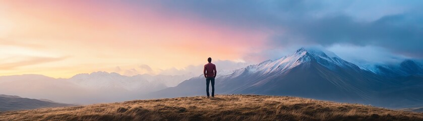 Fototapeta premium A person standing in a majestic mountain landscape.