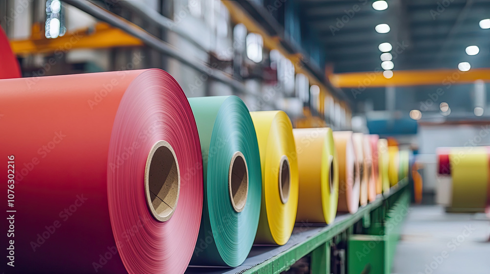 Poster vibrant rolls of colored paper arranged neatly in a spacious printing factory during daylight hours.