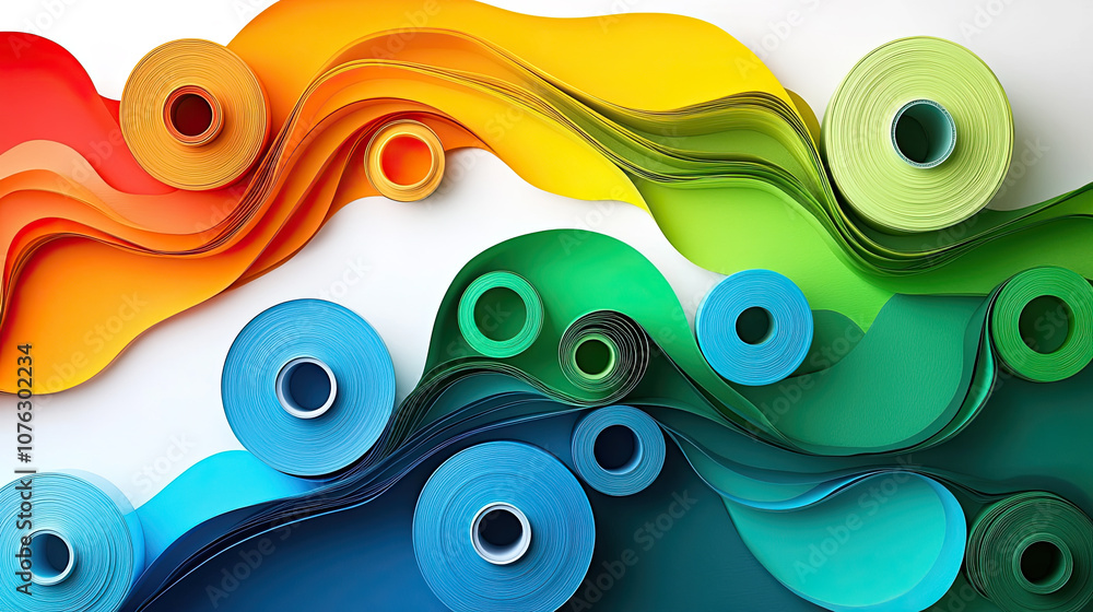 Poster vibrant rolls of colored paper create a dynamic wave of hues in an artistic display of creativity an
