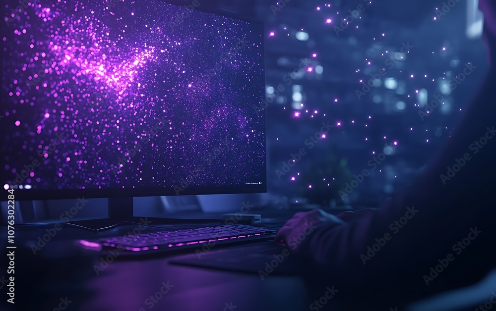Poster A person interacts with a computer emitting vibrant purple particles, creating a cosmic and immersive digital atmosphere.