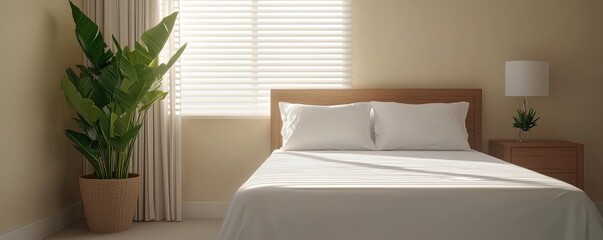Modern Minimalist Bedroom Interior Design with White Bed and Plant
