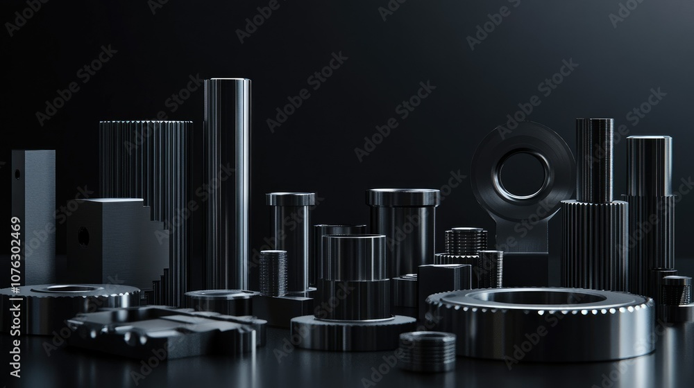Poster a collection of metallic industrial components displayed on a dark background, showcasing various sh