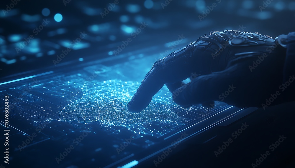 Aufkleber A futuristic hand interacts with a glowing digital interface, showcasing technology and innovation in a sci-fi setting.