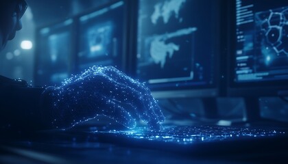 A digital representation of a hand interacting with a glowing keyboard, surrounded by screens displaying data and maps, conveying a futuristic tech environment.