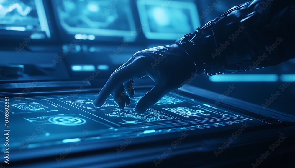 Poster A futuristic hand interacts with a glowing touchscreen interface, surrounded by screens displaying digital information in a high-tech environment.