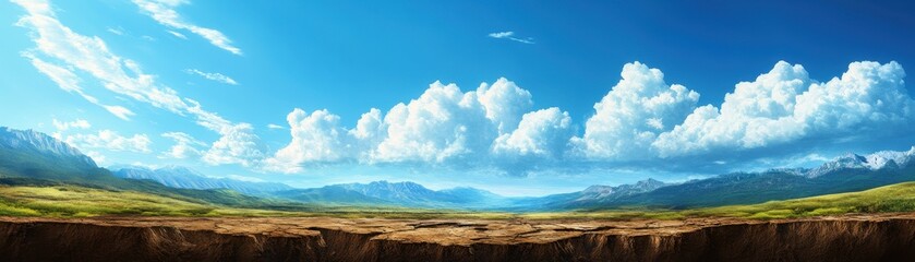 Fototapeta premium A breathtaking panoramic view of clear skies with fluffy clouds over a vast, green landscape, showcasing nature's beauty.