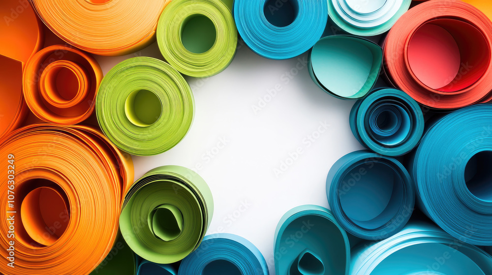 Poster colorful spiral paper craft rolls arranged in a circular pattern with a white center ideal for artis