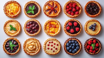 Six different pies with various fillings and intricate lattice crusts on a marble surface, emphasizing the concept of baking, dessert, and culinary craftsmanship. Concept of dessert, baking, culinary