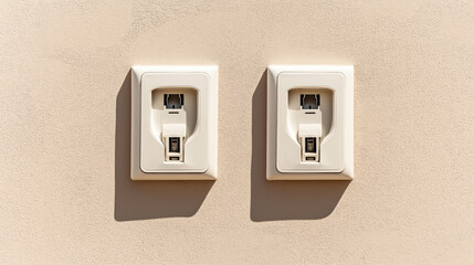 Two electrical outlet covers with network cable ports installed on a beige wall, casting shadows in the sunlight.